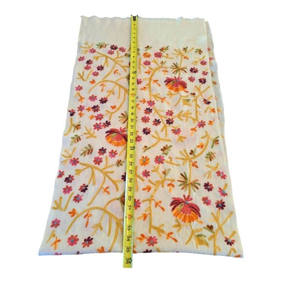 Boho Embroidered Wool Scarf Colorful Floral Cream Raw Edges Large 70 Long x 20 - Picture 11 of 12